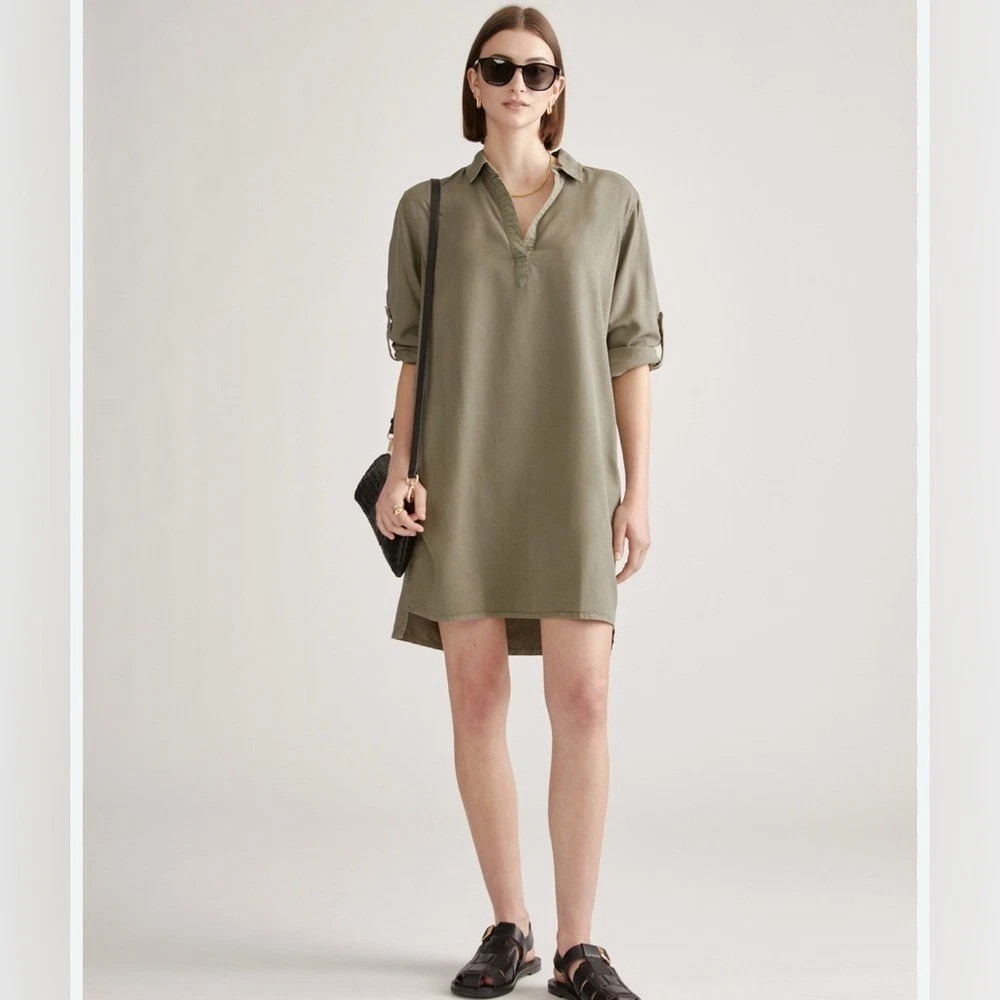 Quince Women Vintage Wash Tencel Roll Sleeve Tunic Dress Olive Sz XL Minimalist‎